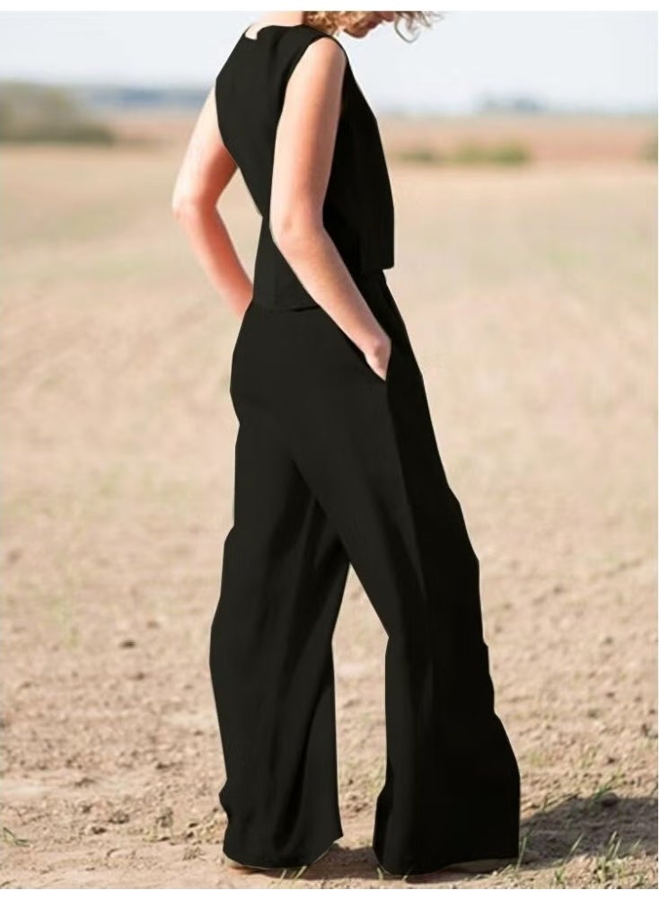 Barbora Linen Casual Sleeveless Top and Bottom Women's Set LN08SIYAH19 - Image 1